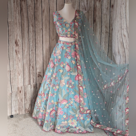 Other - Beautiful Indian wedding embroidered floral | Pastel Blue color Lehenga choli